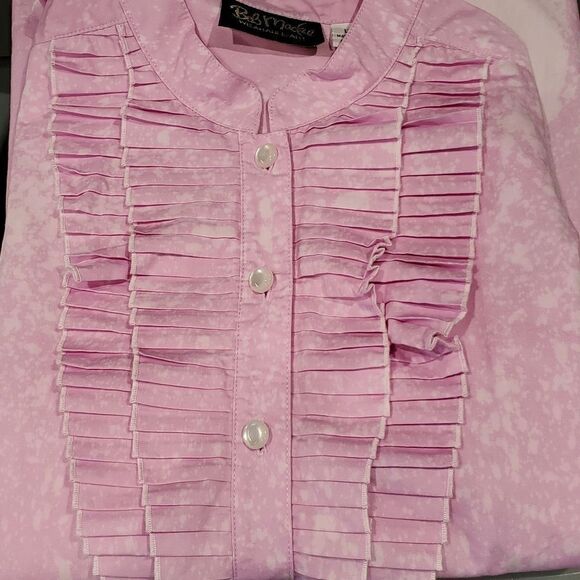 Hey Sue! Bob Mackie VINTAGE Upcycled Splatter Pink Ruffle Tux Blouse Sz L Button - Picture 11 of 11